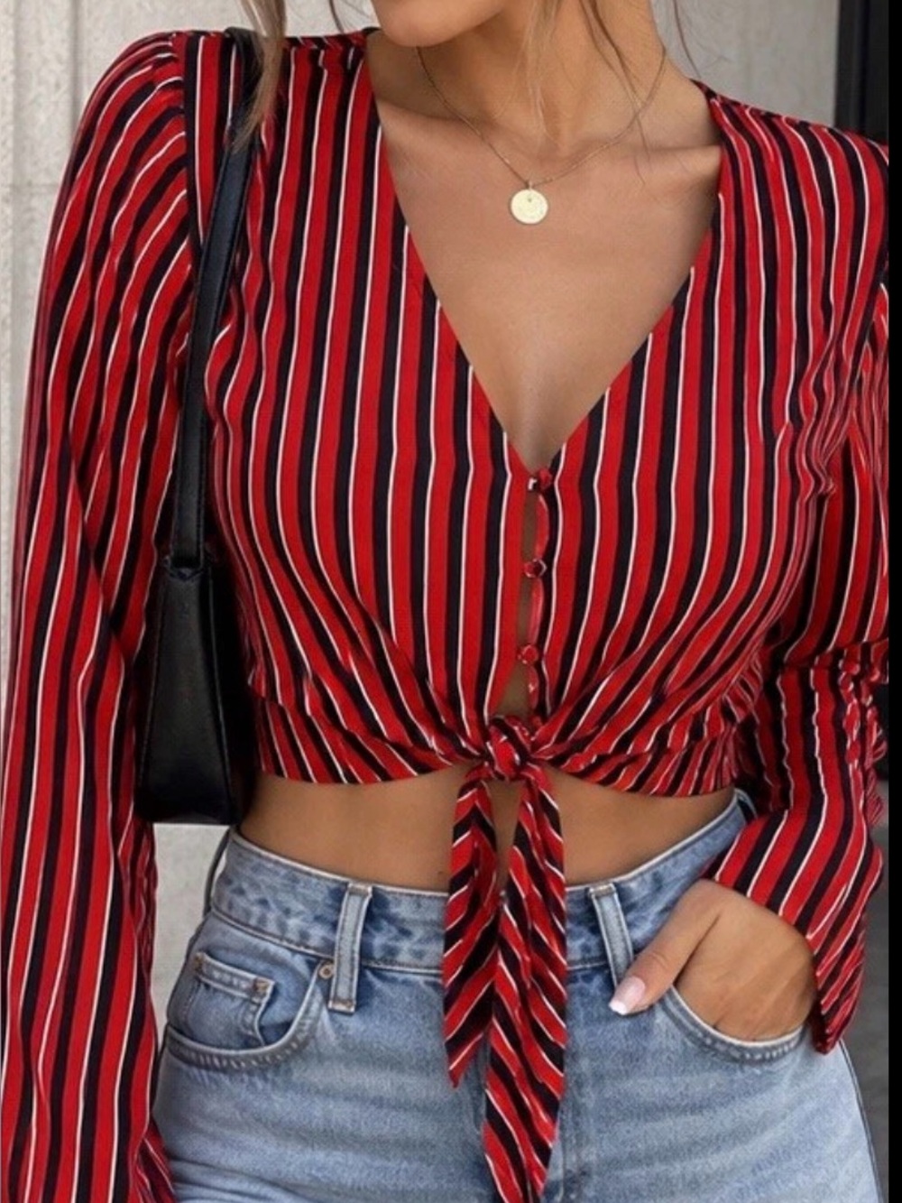 One Clothing Striped Tie Front Blouse Red Black Size S